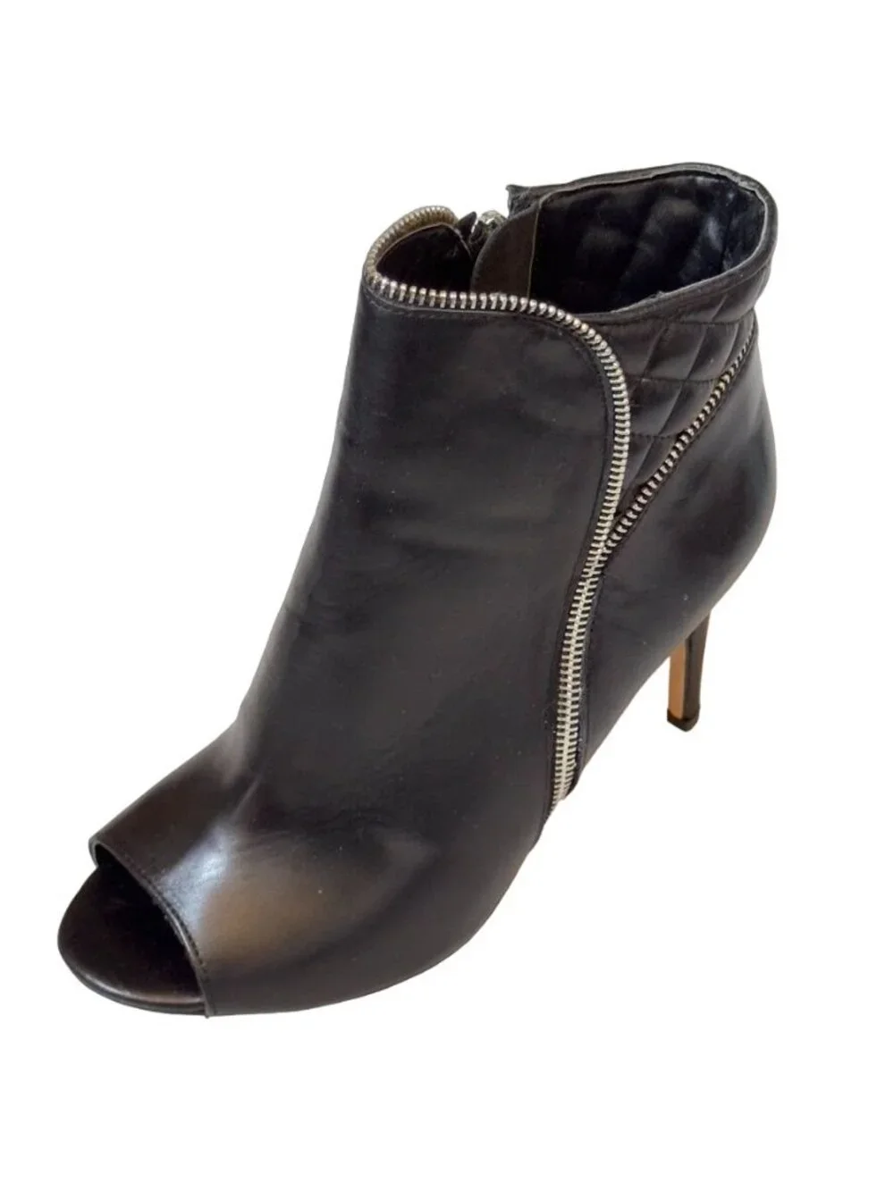 Halogen Black Leather Open-Toe Stiletto Ankle Boots With Zipper Detail Size 8M